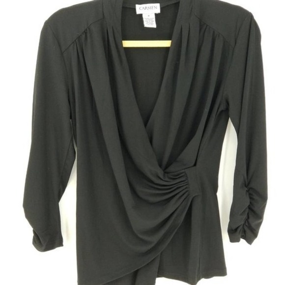 Carmen Marc Valvo Cross Drape Front 3/4 Ruched Sleeve Blouse Black Size Medium - Picture 2 of 5